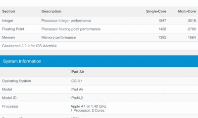 Résultat GeekBench 3 iPad Air