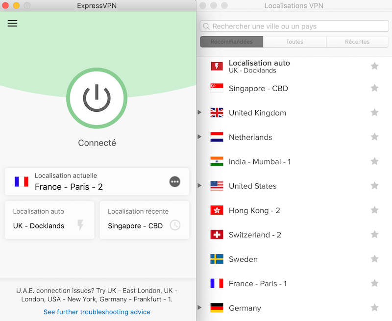 Application ExpressVPN interface Mac