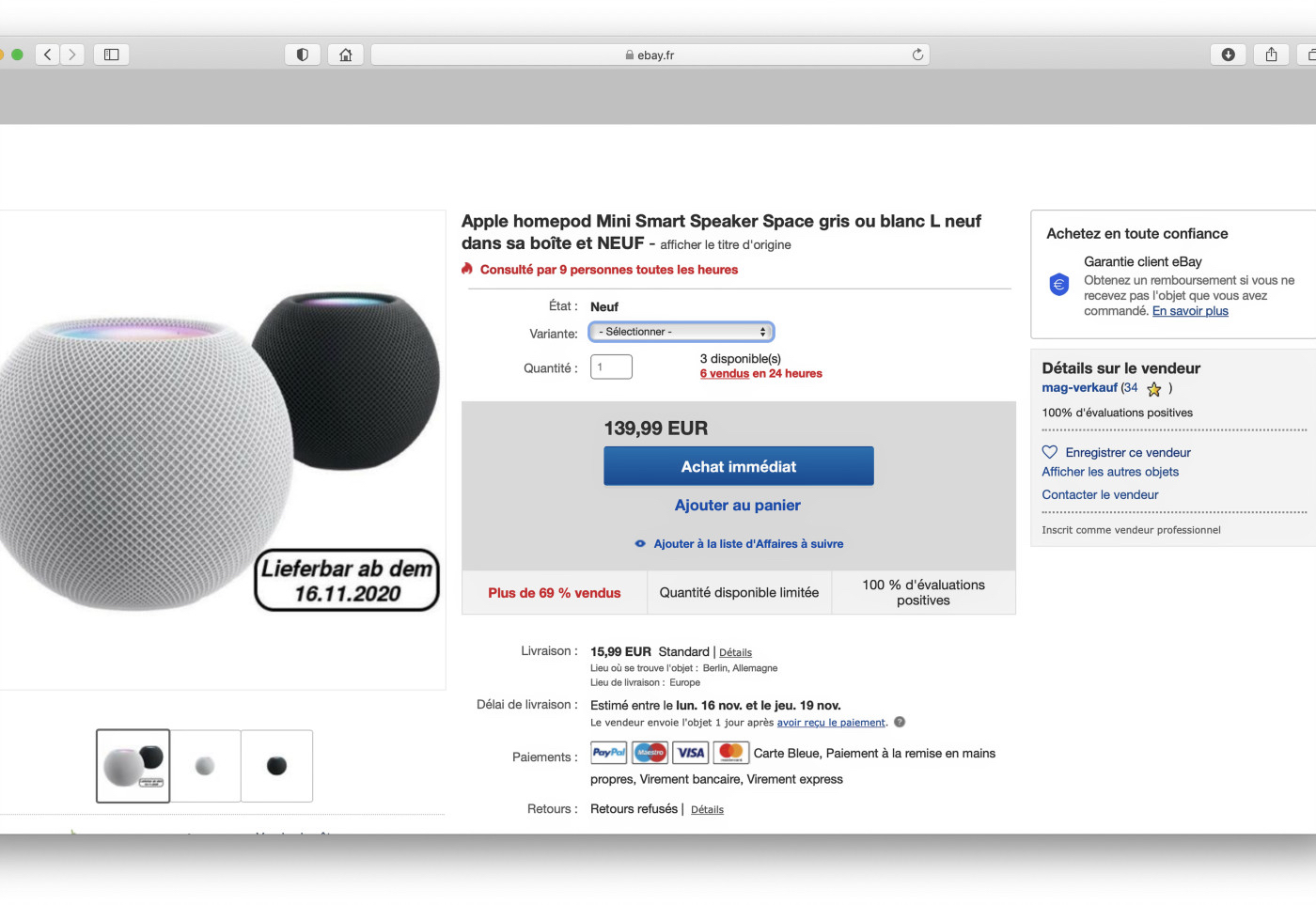 Capture d’écran eBayProposant des HomePod