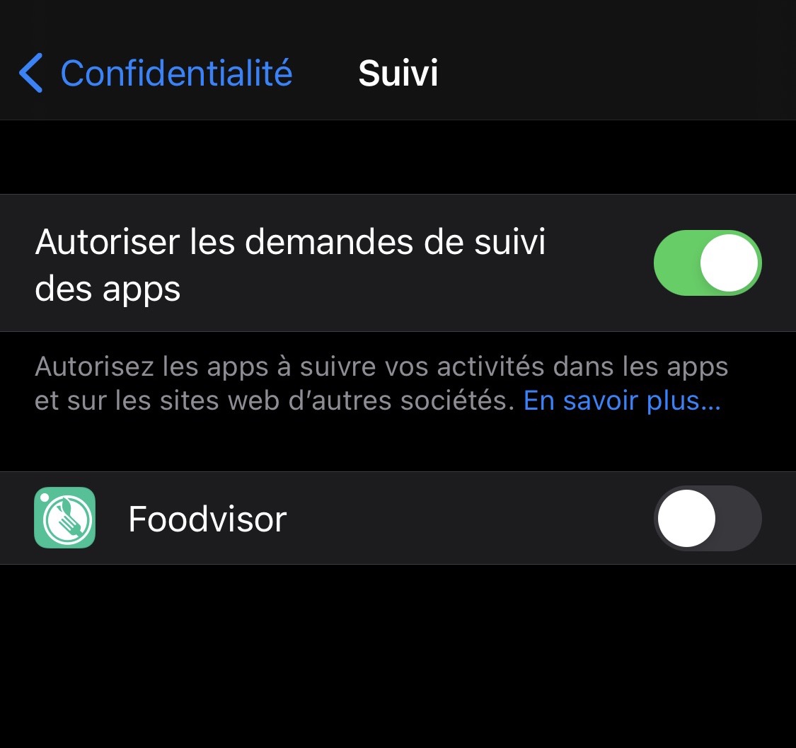 Foodviser suivi inter-applications réglage