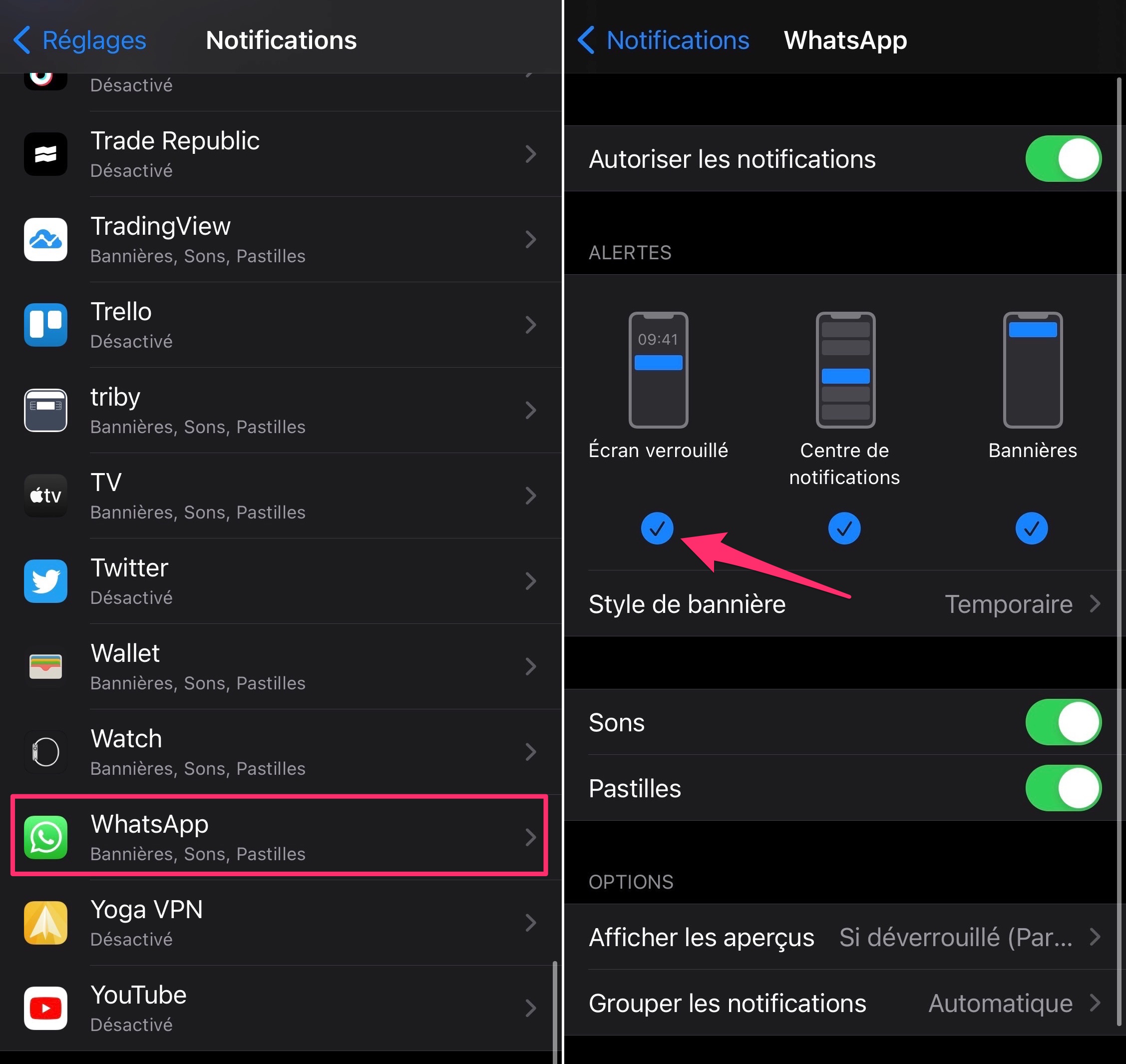Notifications écran verrouillé