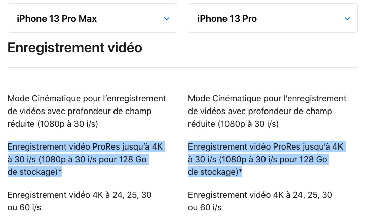 ProRes et 4K sur iPhone 13 Pro