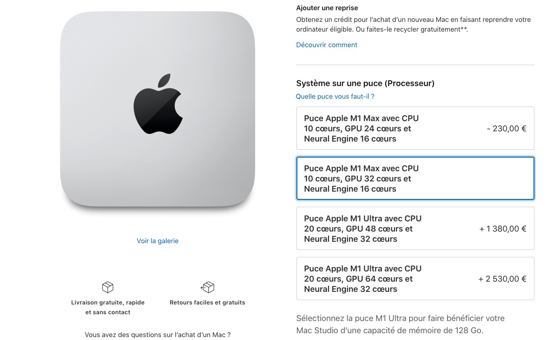 Grille tarifaire options Apple silicon sur Mac Studio