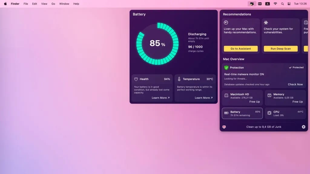 CleanMyMac X menu monitoring batterie