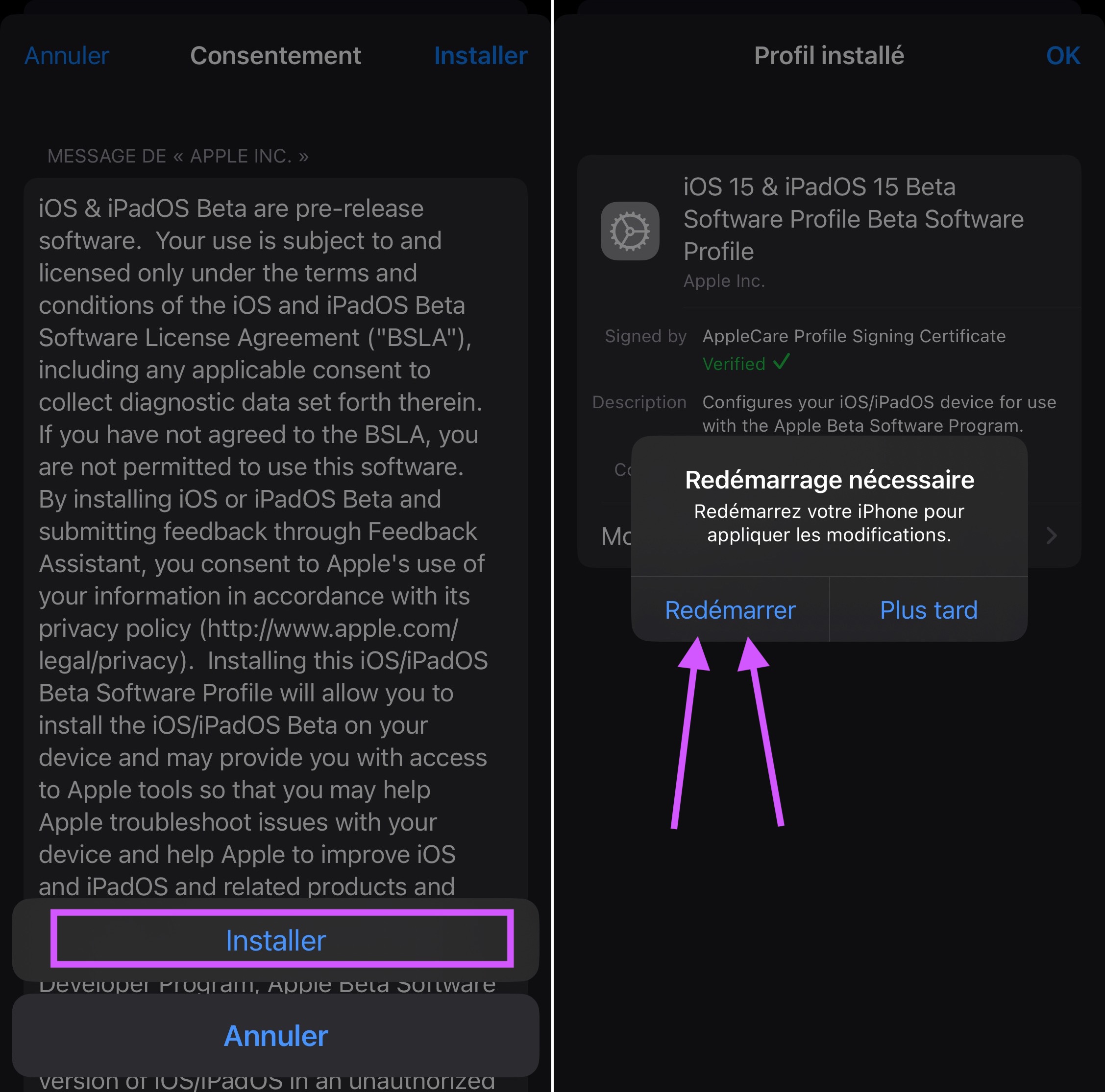 Valider installation iOS version bêta