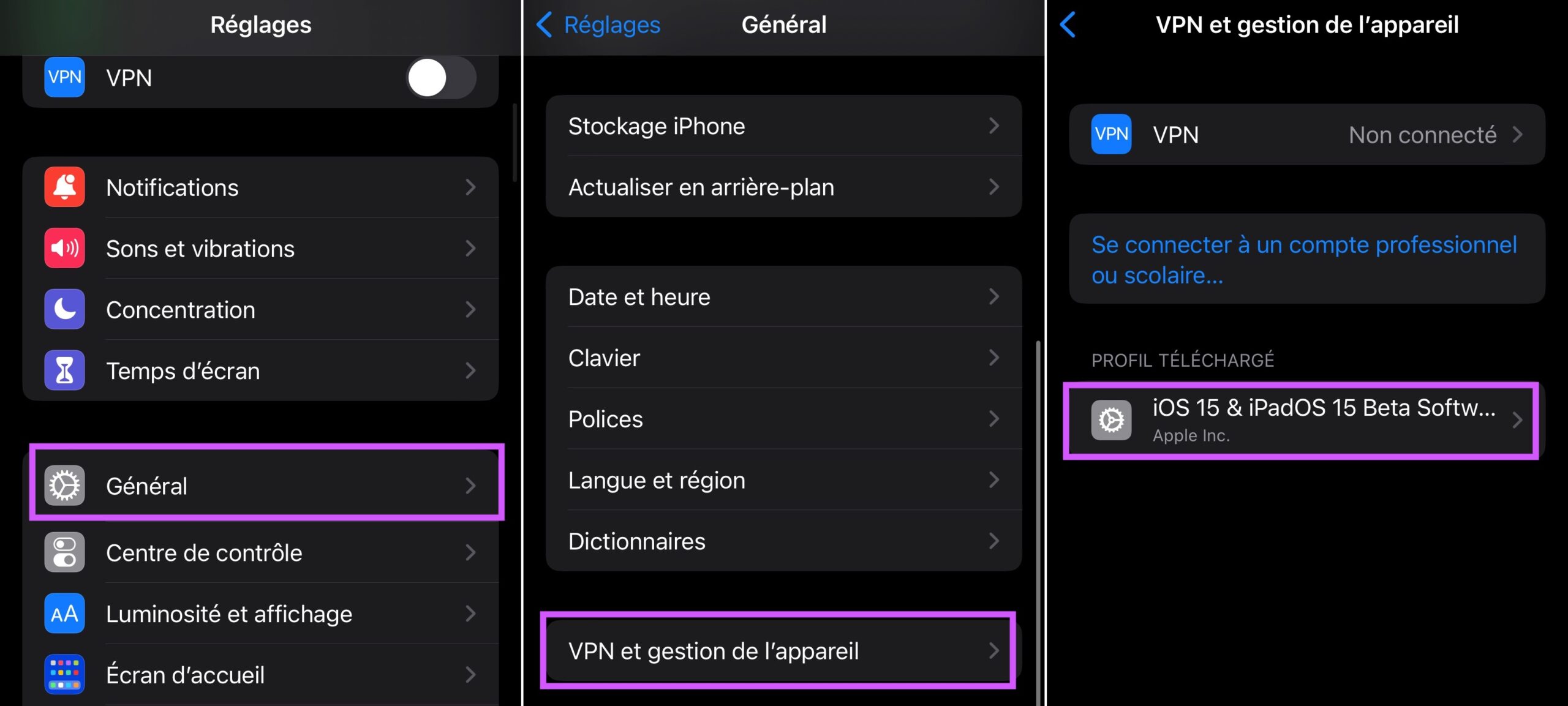 installation profil bêta test iOS version bêta