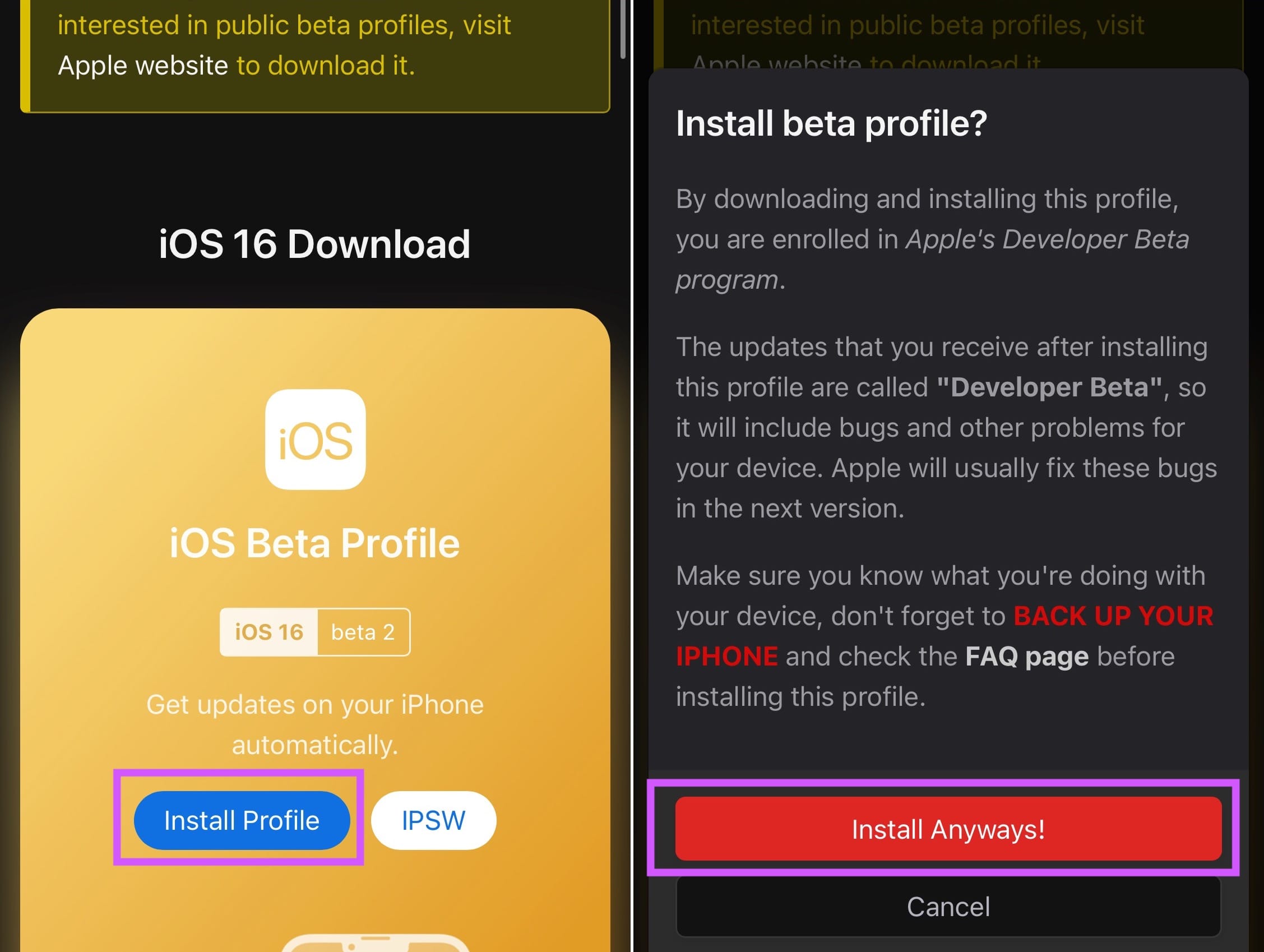 Télécharger profil bêta développeurs