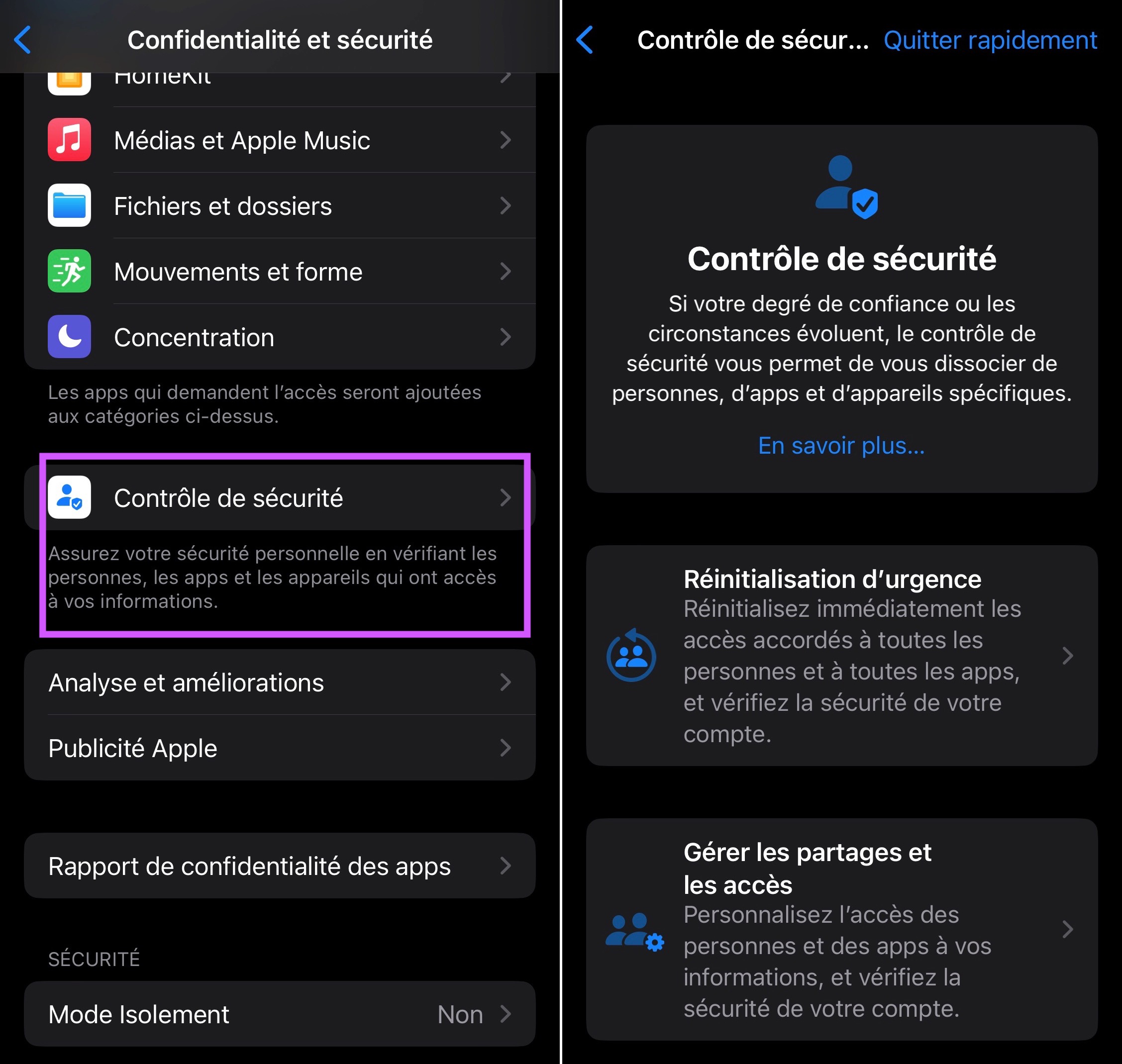 Capture d'écran pour gérer la fonction Contrôle de sécurité d'iOS 16