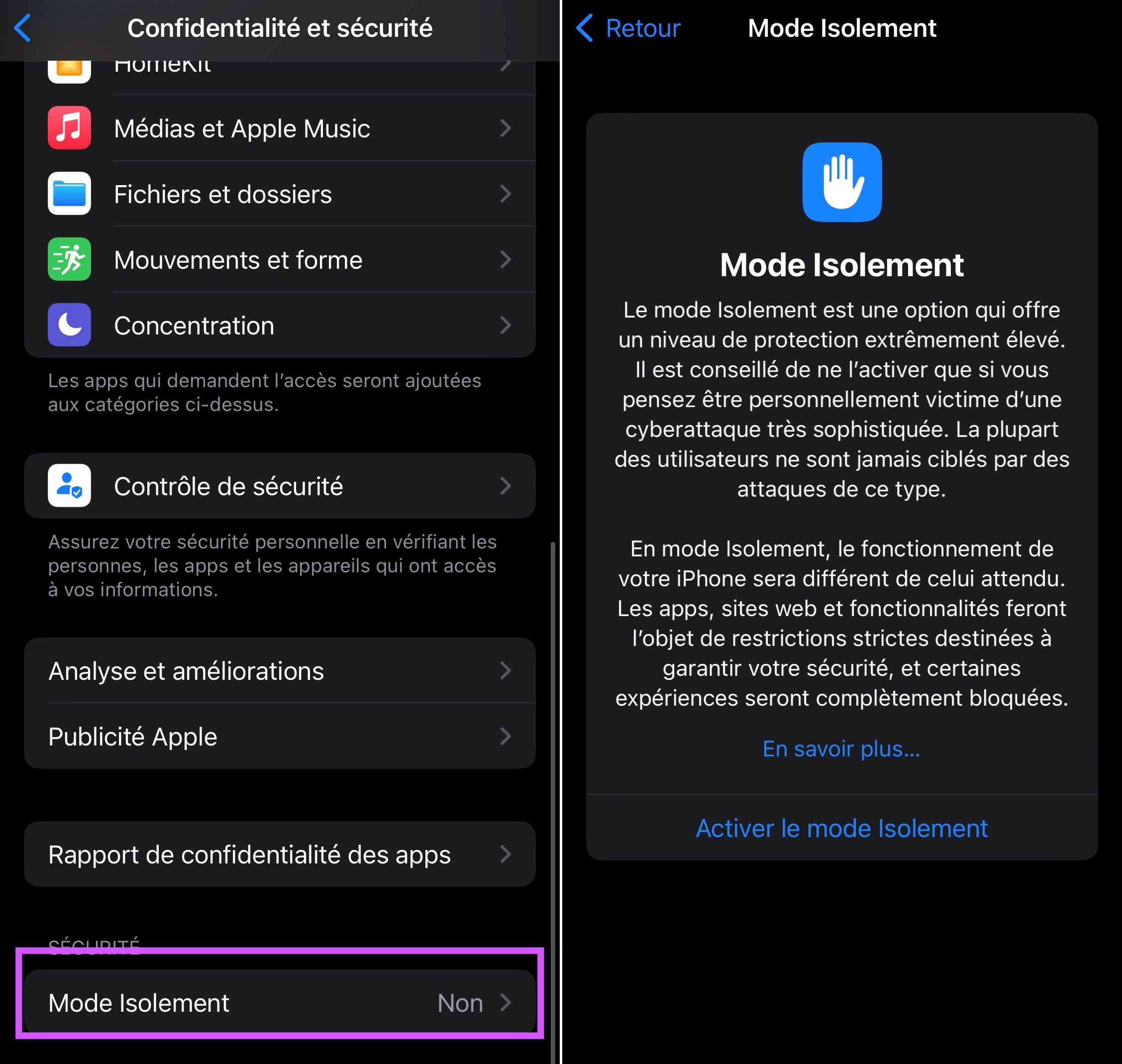 Captures d'écran de l'accès au mode Isolement d'iOS 16
