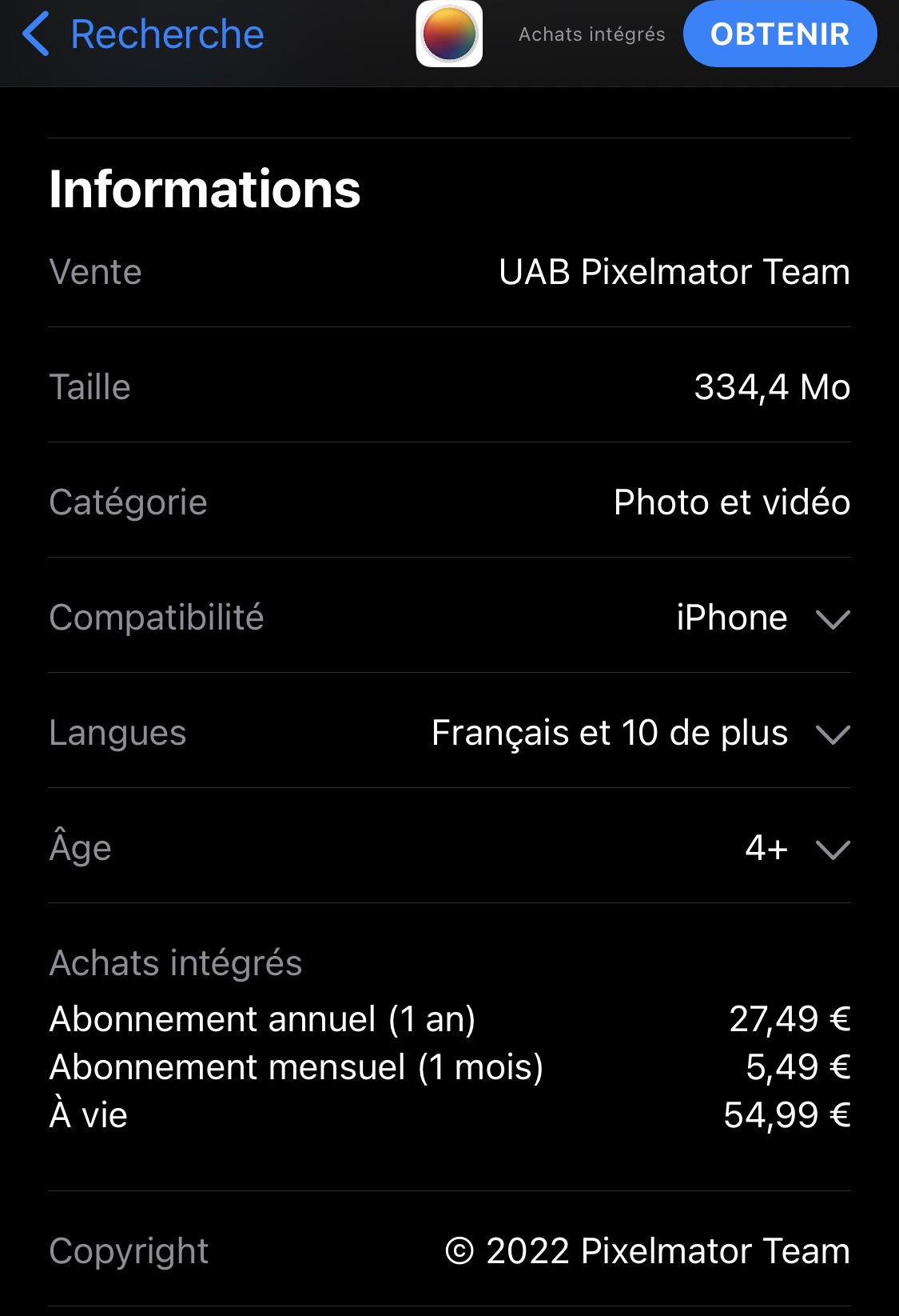 Pixelmator Photo iOS achats intégrés