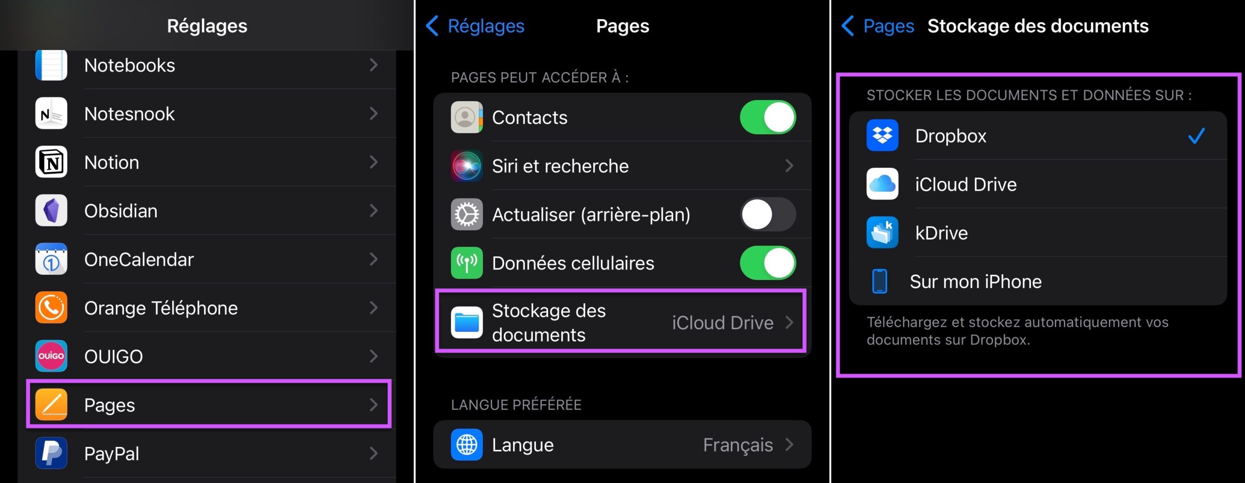 Changer stockage app