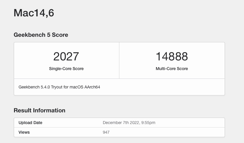 Geekbench 5 et M2 Max