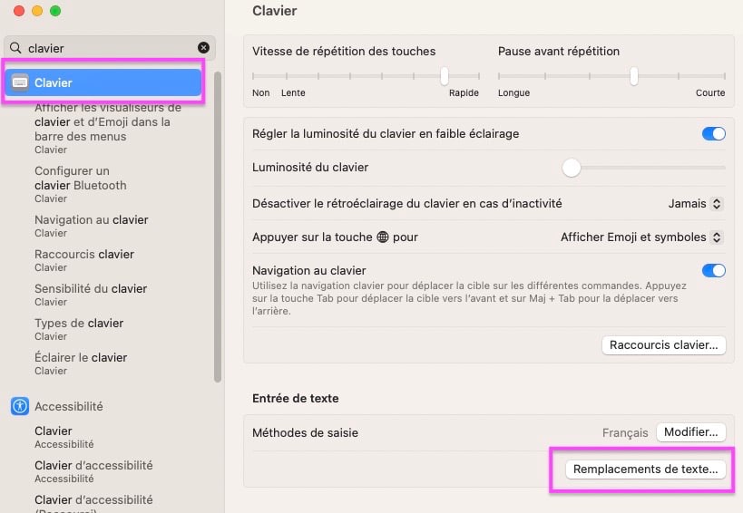 Menu de remplacement de texte