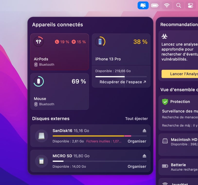 CleanMyMac X menu Appareils connectés