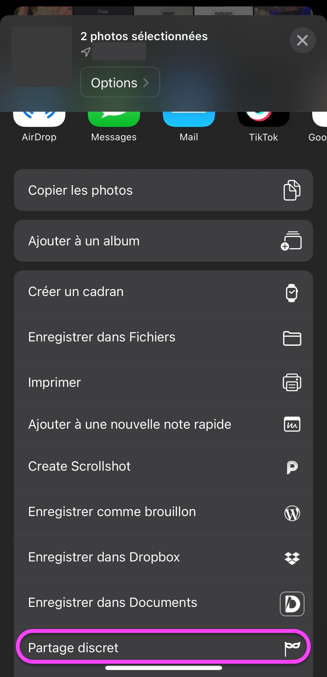 Partage discret Raccourci iOS