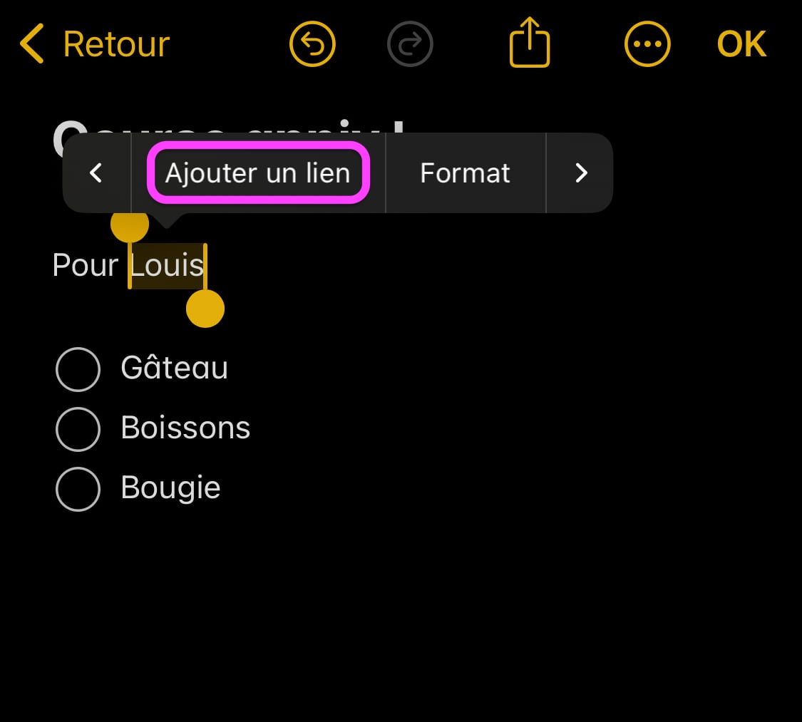 Ajouter un lien dans Apple Notes