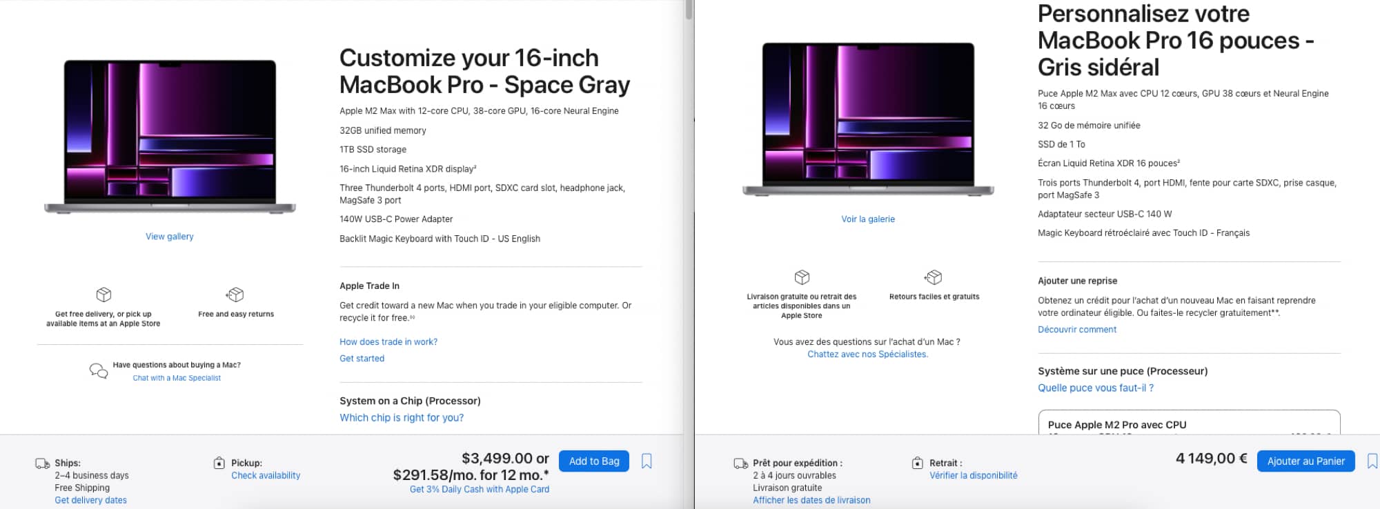 MacBook Pro 16" M2 prix France vs US