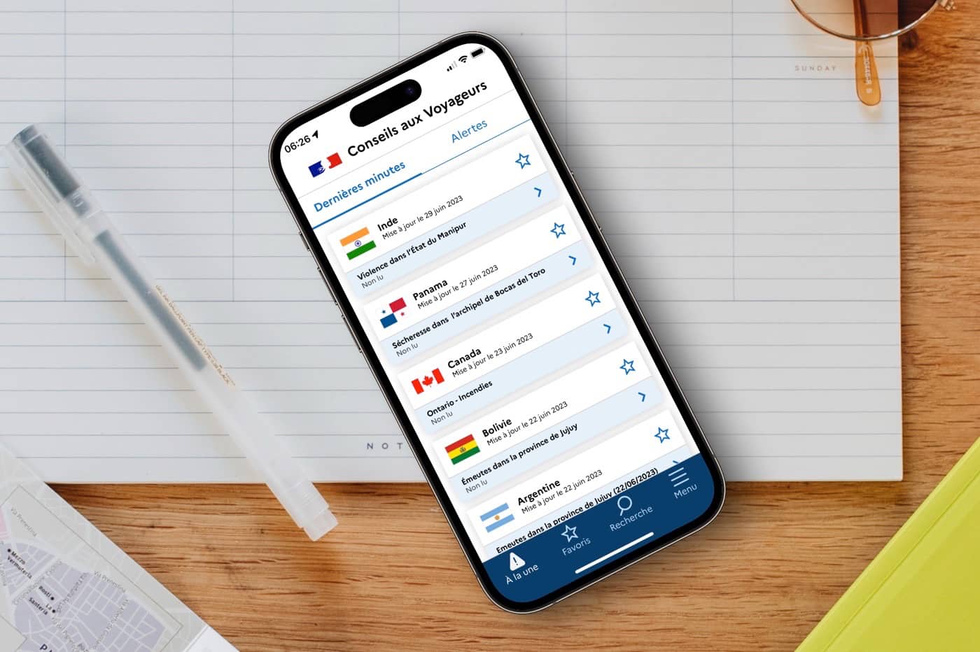 Application Conseils Aux Voyageurs liste pays