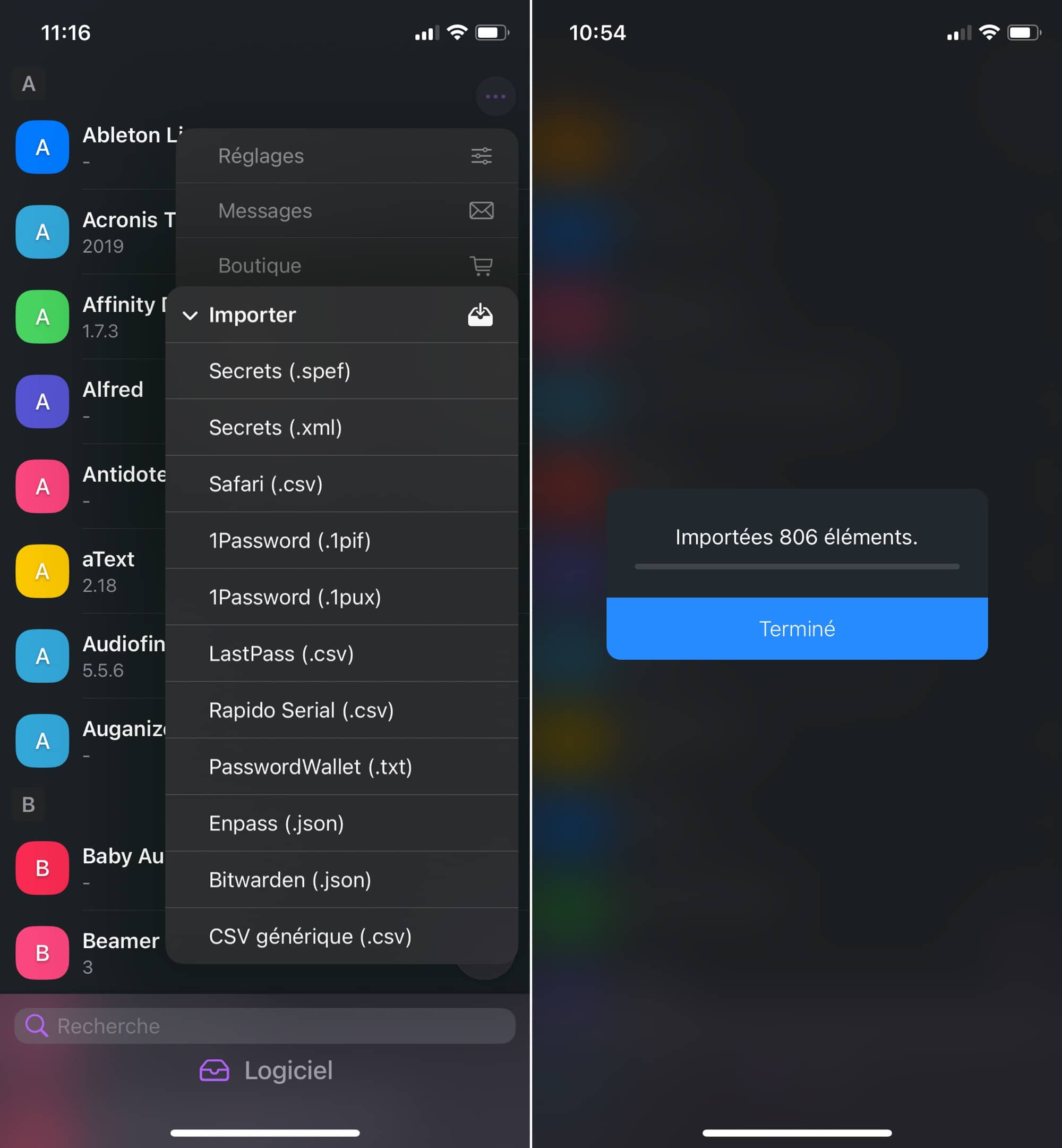 App Secrets et importation