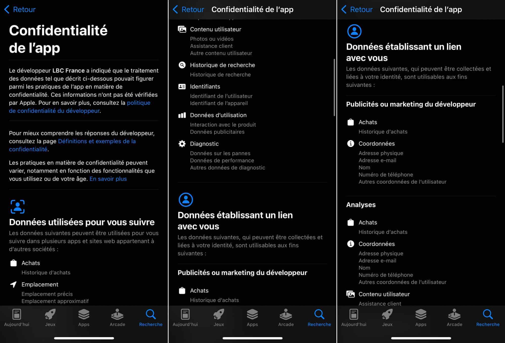 Application iOS Leboncoin étiquettes de confidentialité