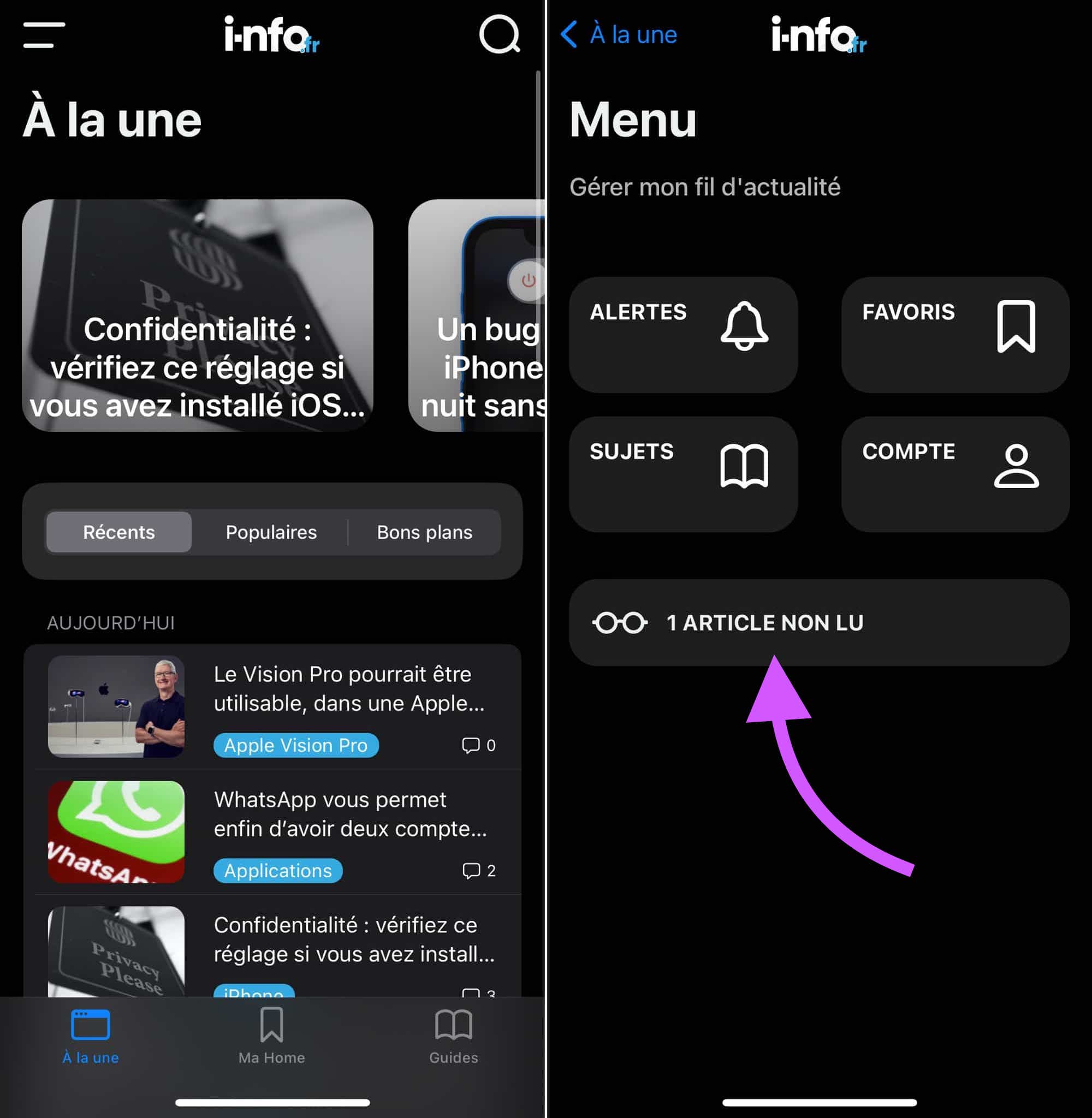 App i-nfo.fr liste articles non lus