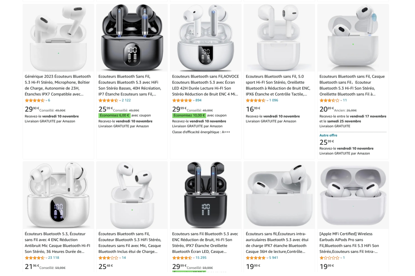Capture d'écran recherche AirPods Amazon