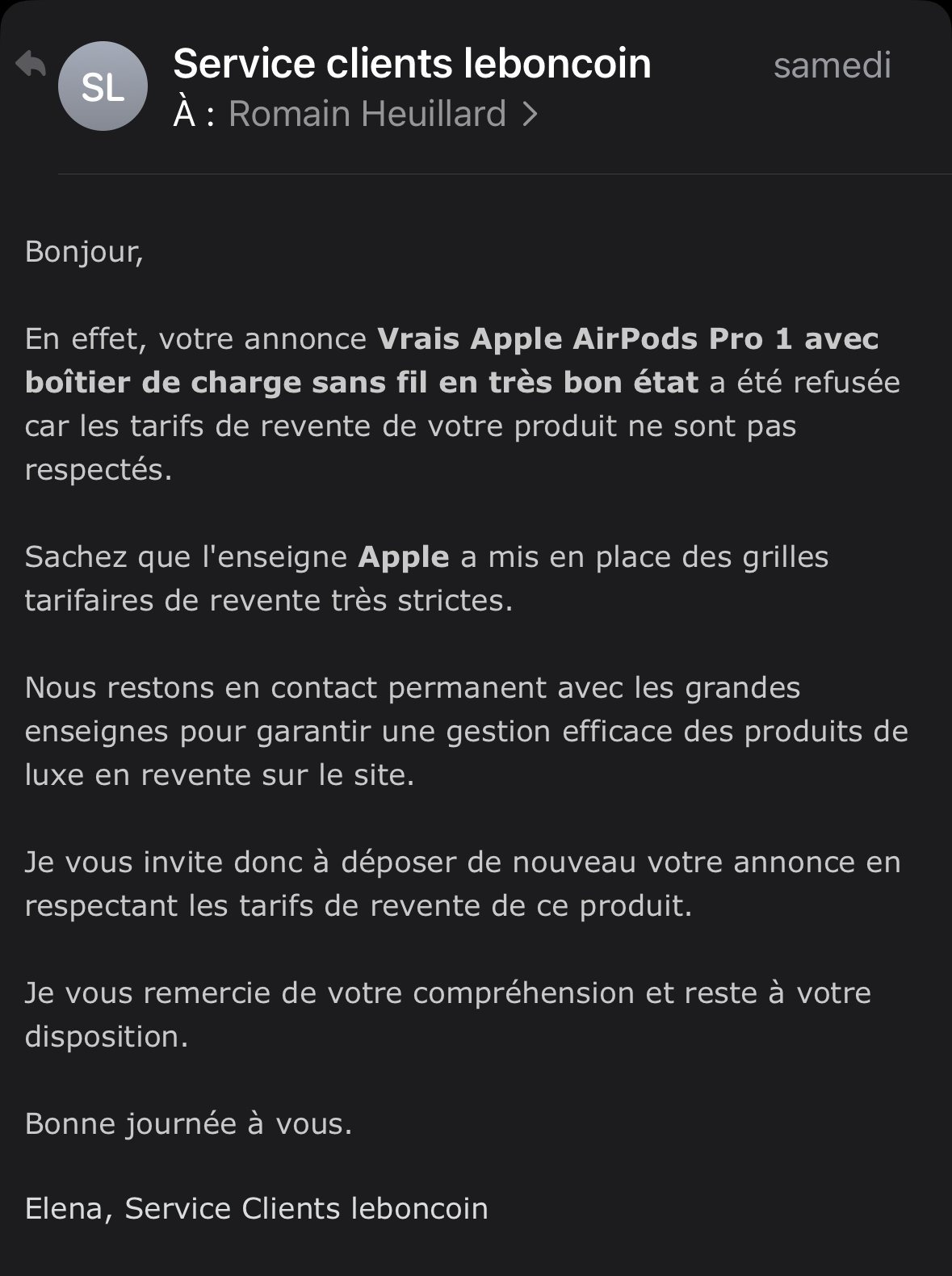 Réspone leboncoin prix apple