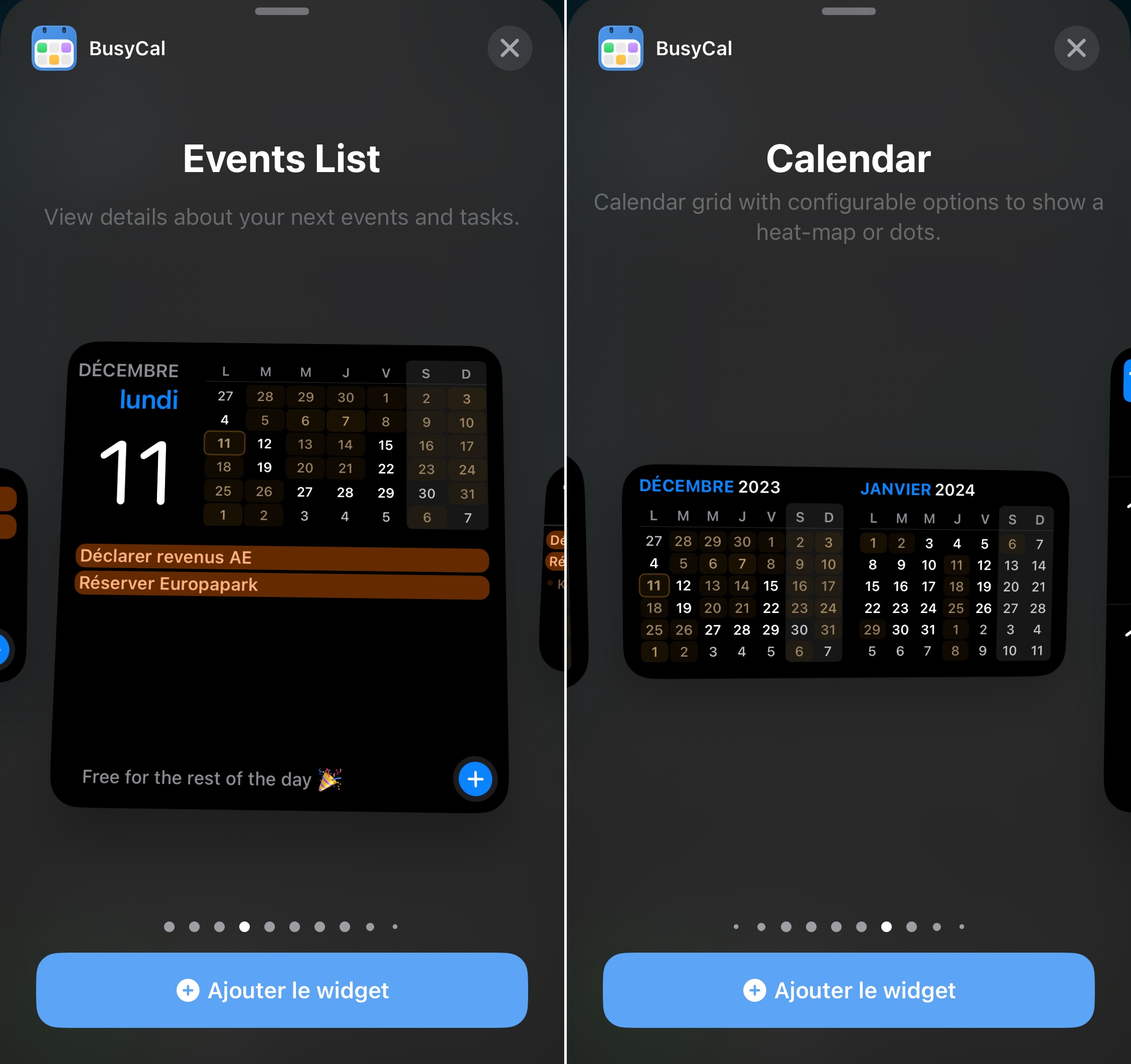BusyCal widgets réglages