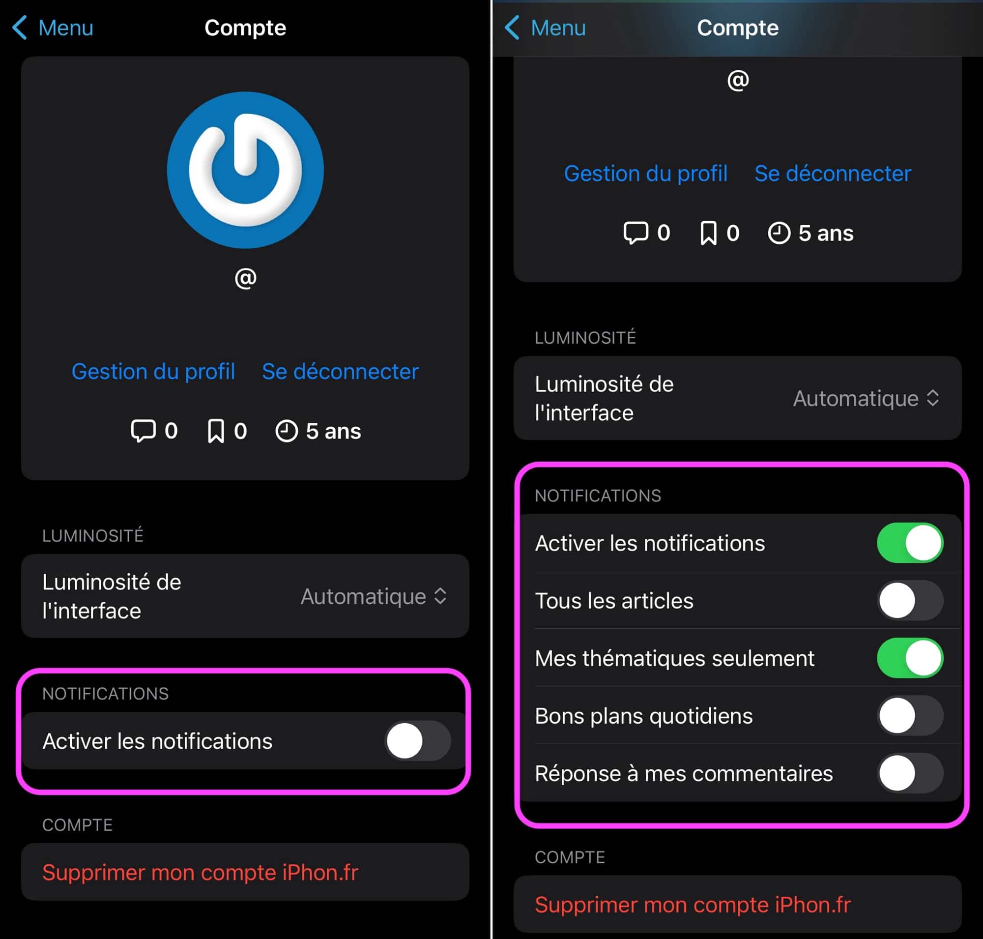 Réglages de notifications app i-nfo.fr