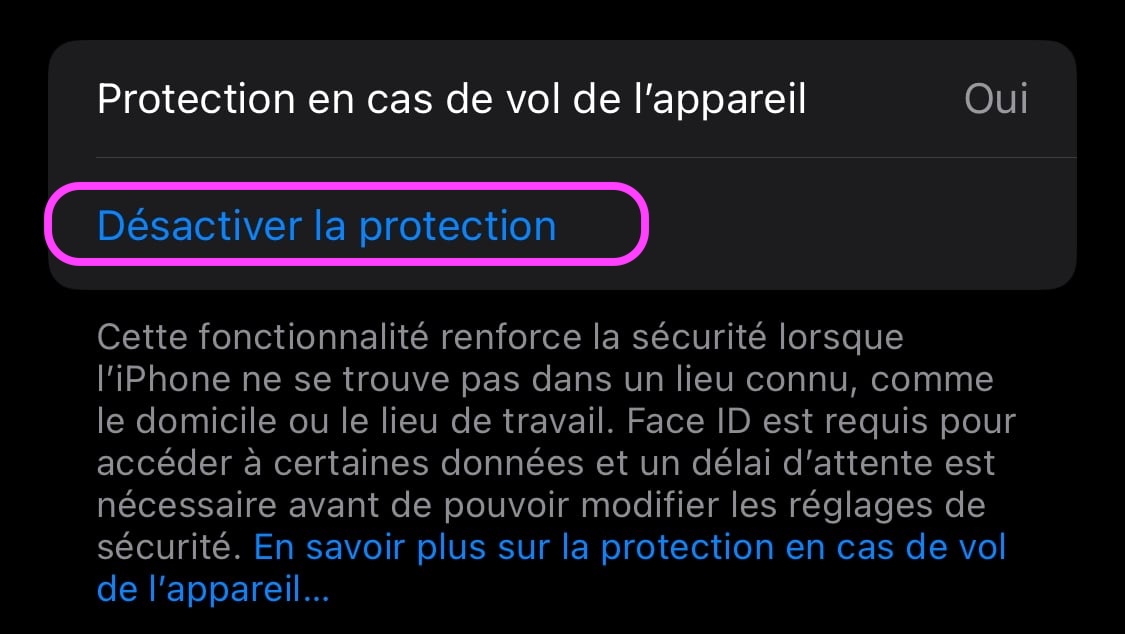 Désactiver fonction protection en cas de vol