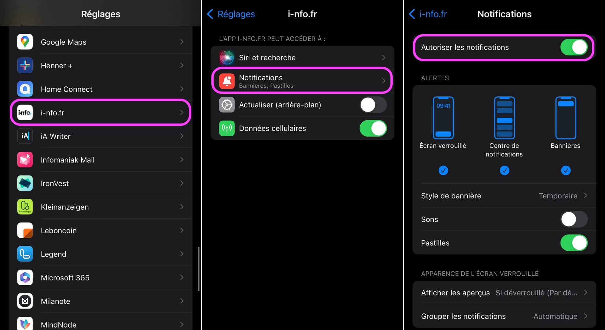 Réglages de notifications i nfo.fr