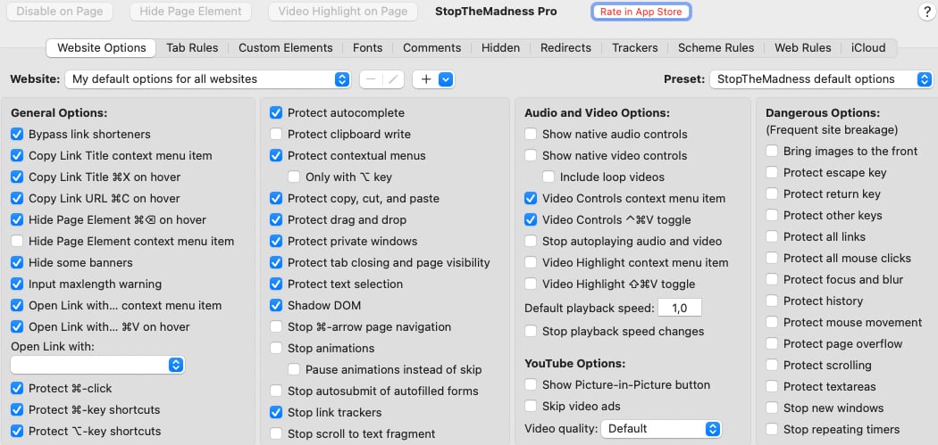 StopTheMadness Pro Mac options