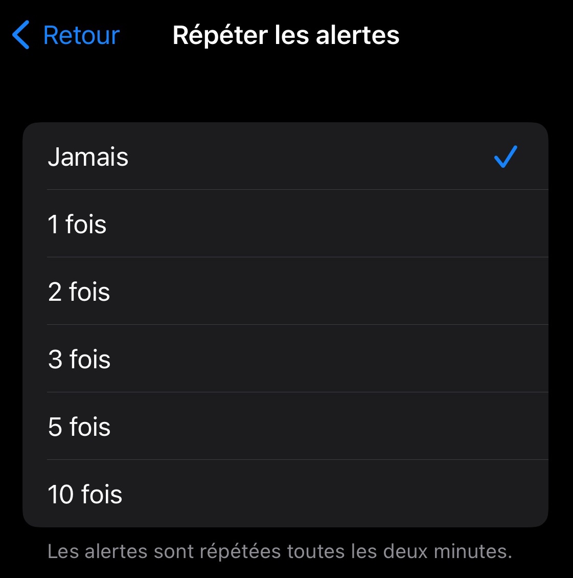 écran iOS avec réglage de répétition des messages