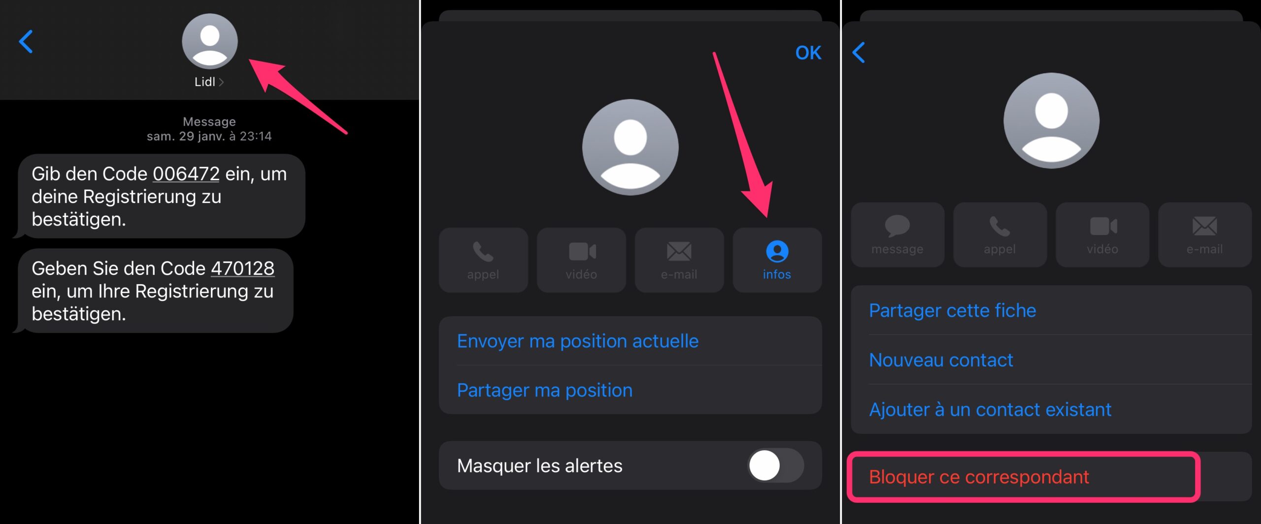 écran réglage iOS avec option pour bloquer un contact