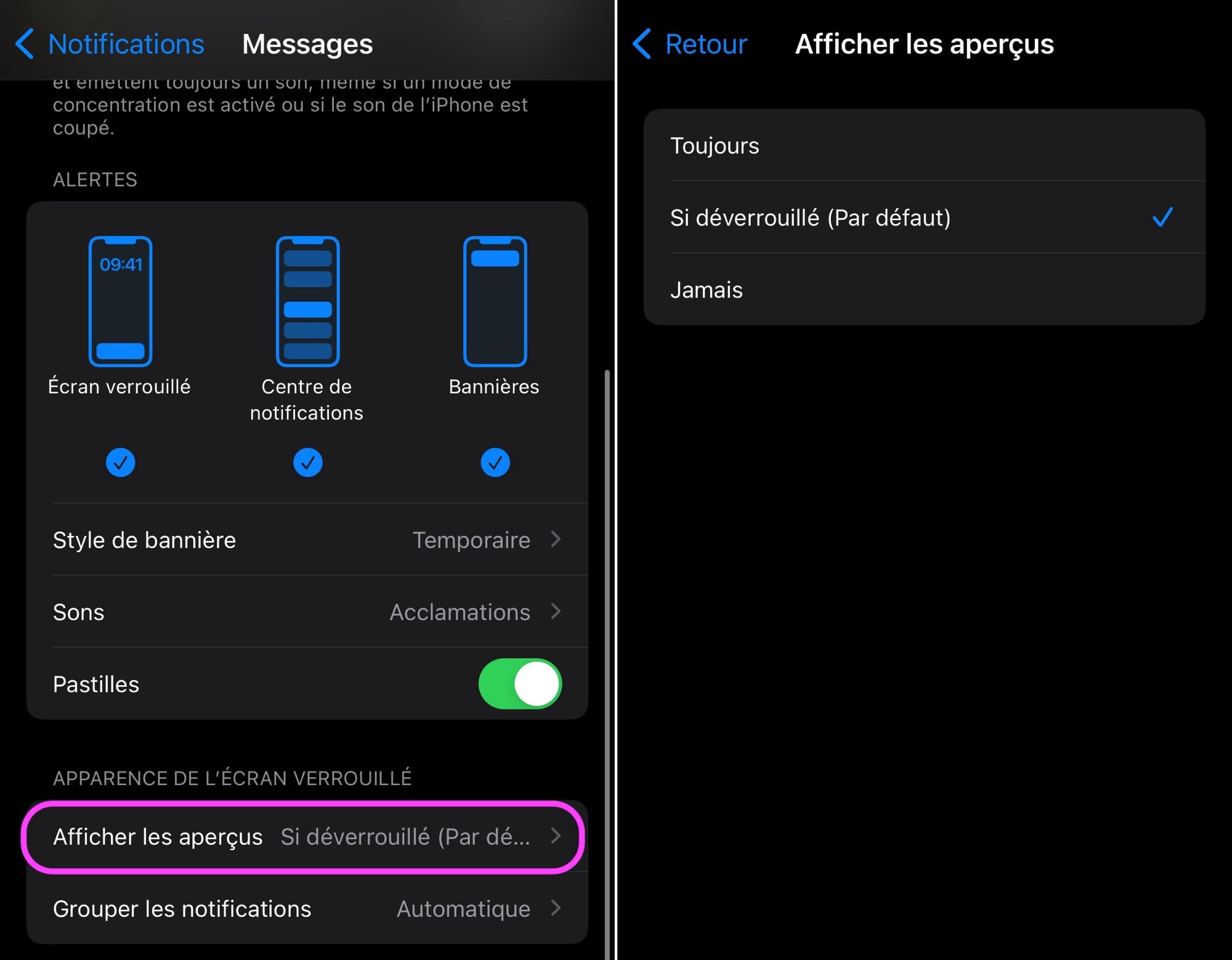 Aperçu iMessage réglage