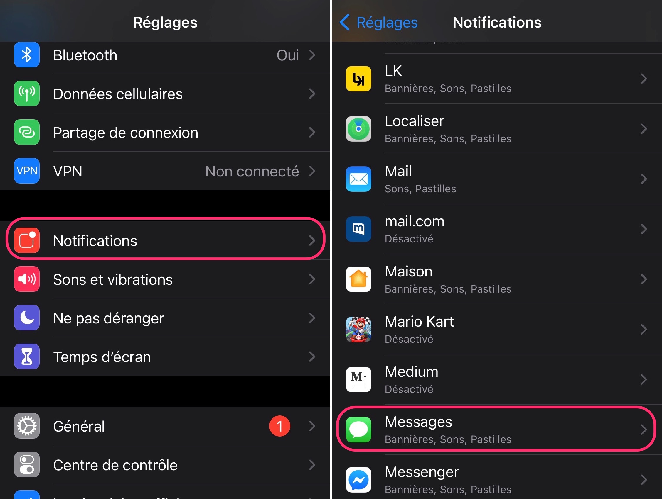 Réglages notifications messages