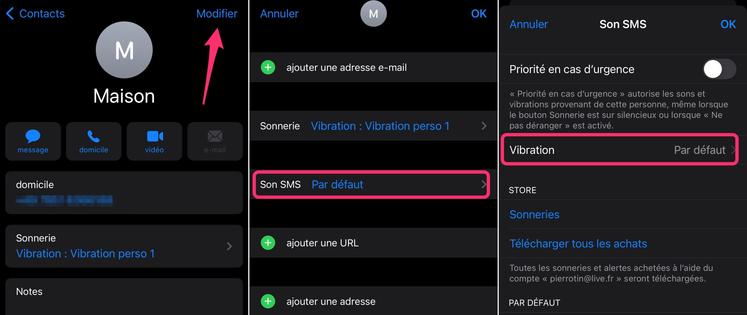Écran iOS réglage vibration personnalisée SMS