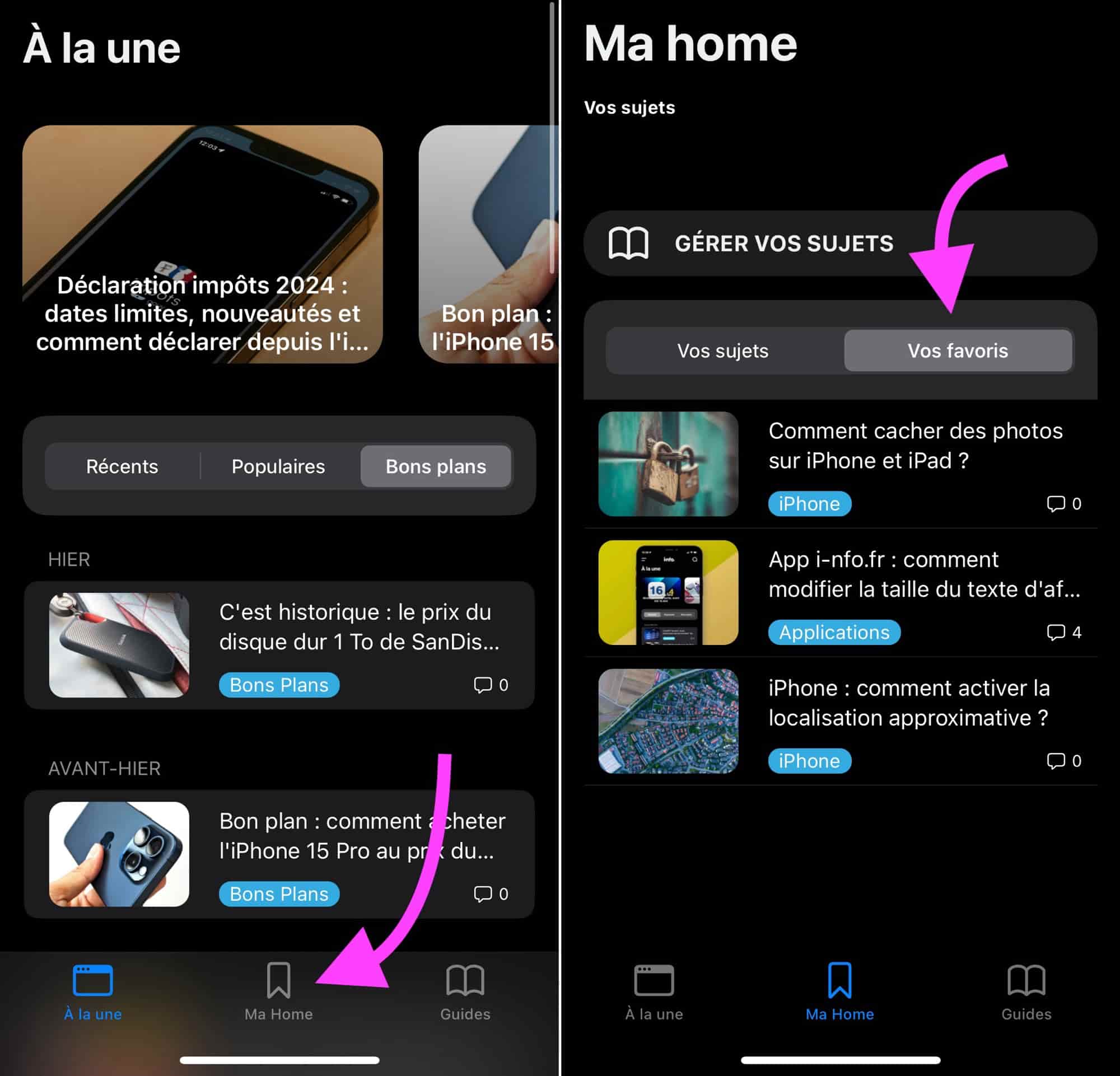 App i-nfo.fr accès favoris via Ma Home