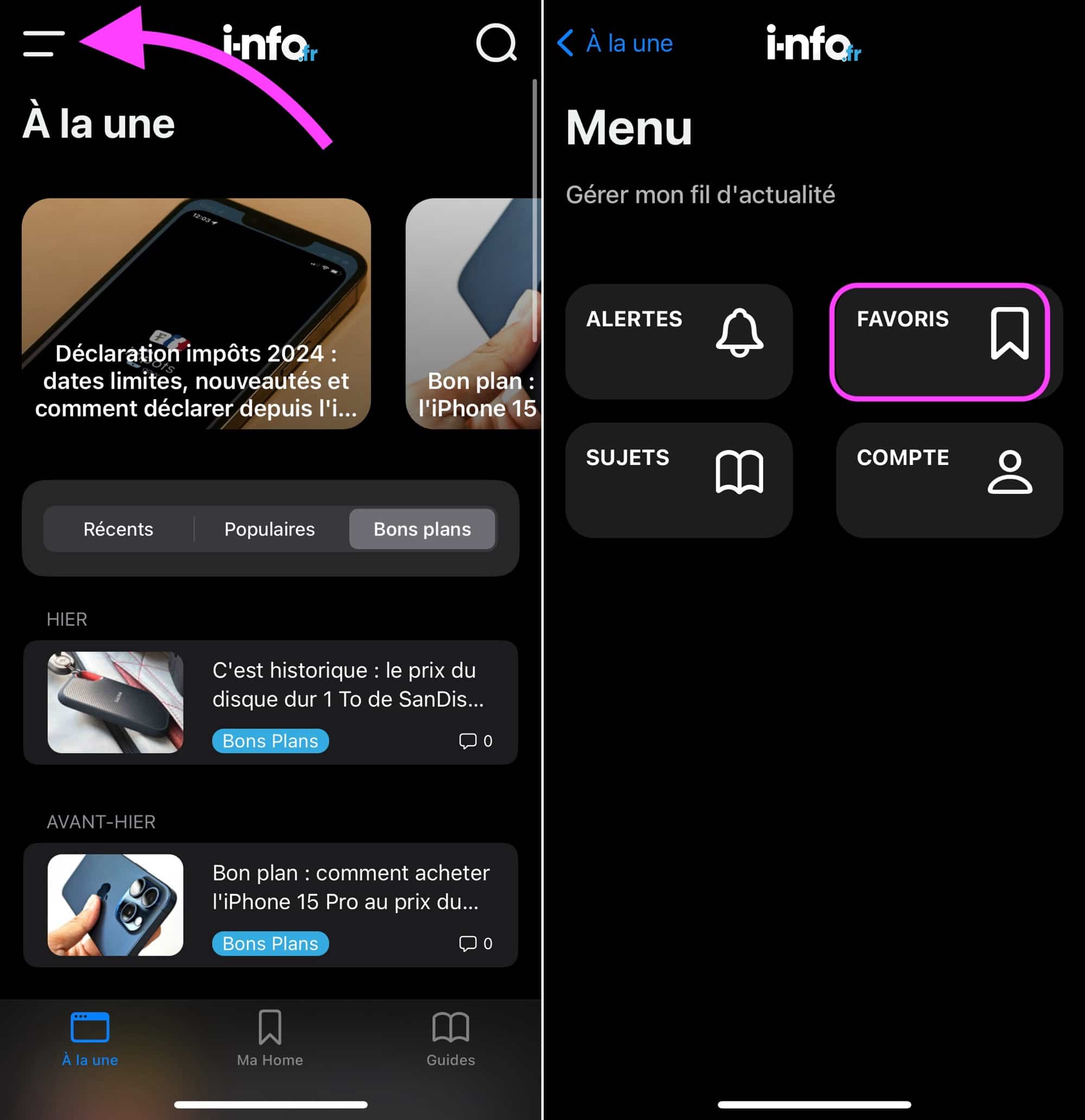 App i-nfo.fr accès favoris