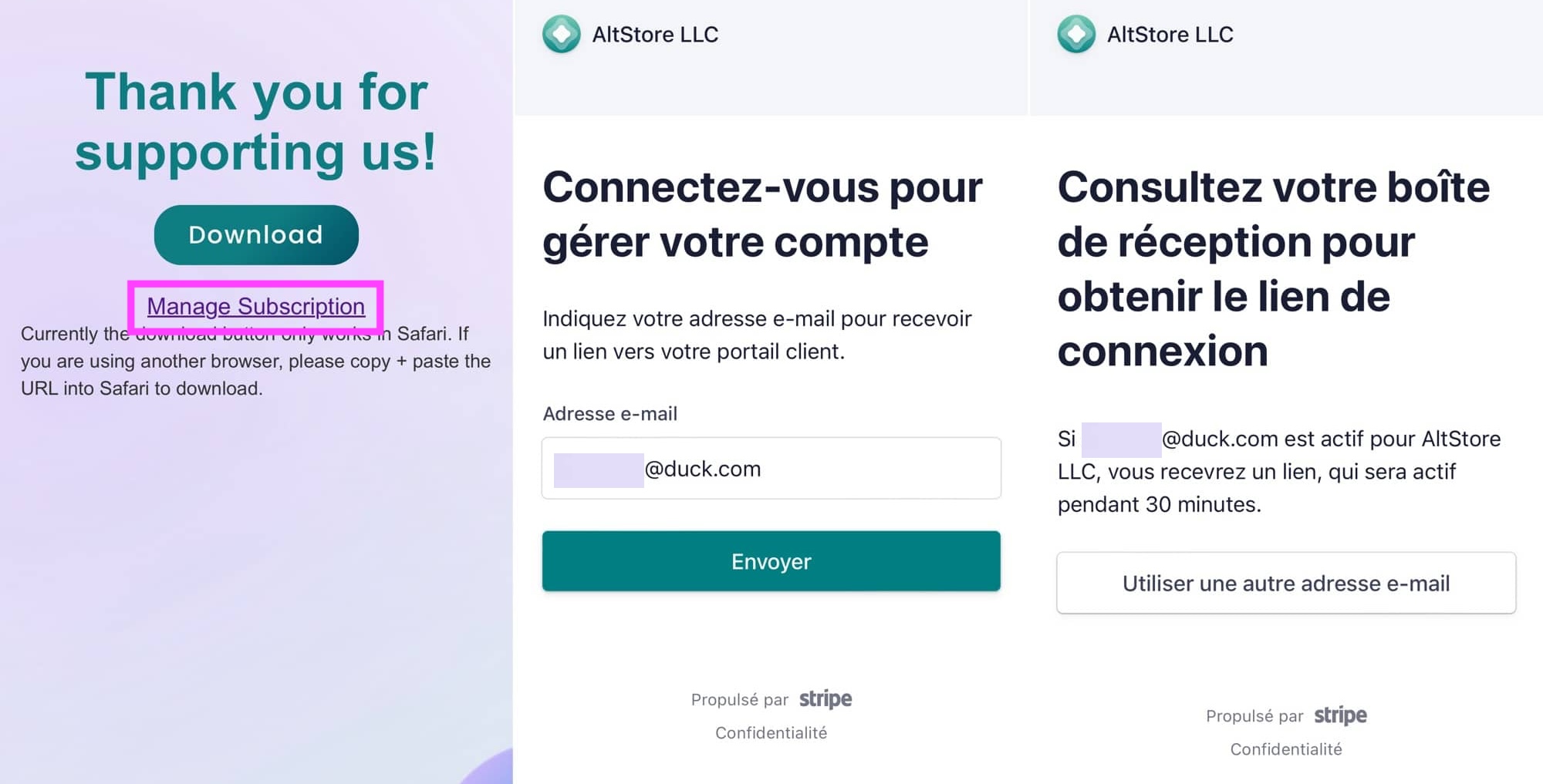 Gestion compte Stripe pour AltStore