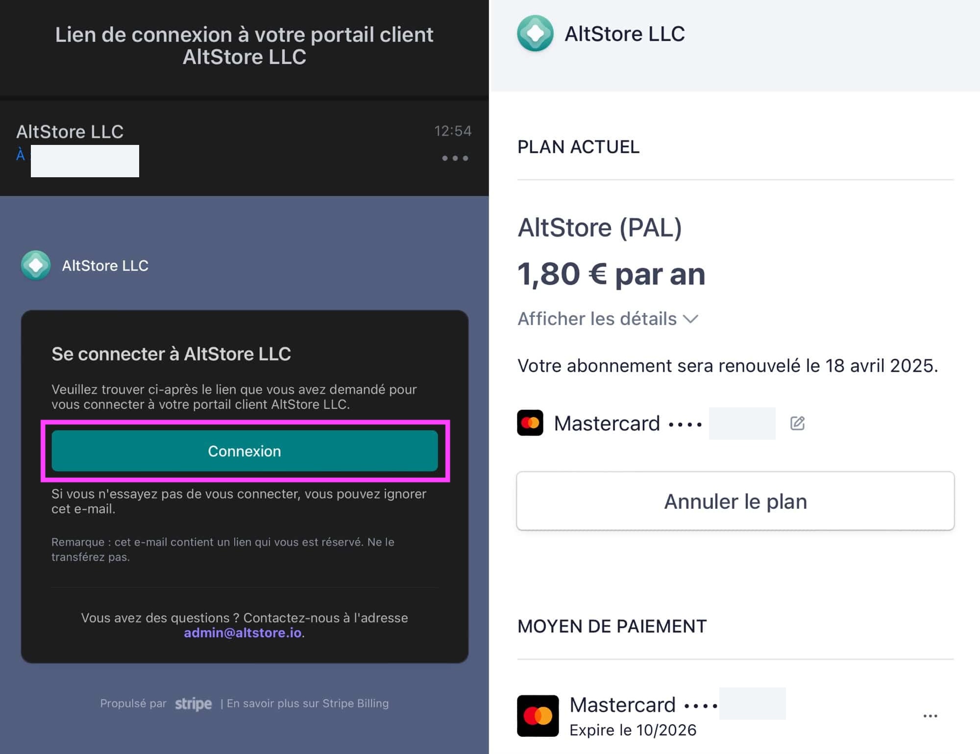 Lien gestion compte Stripe AltStore