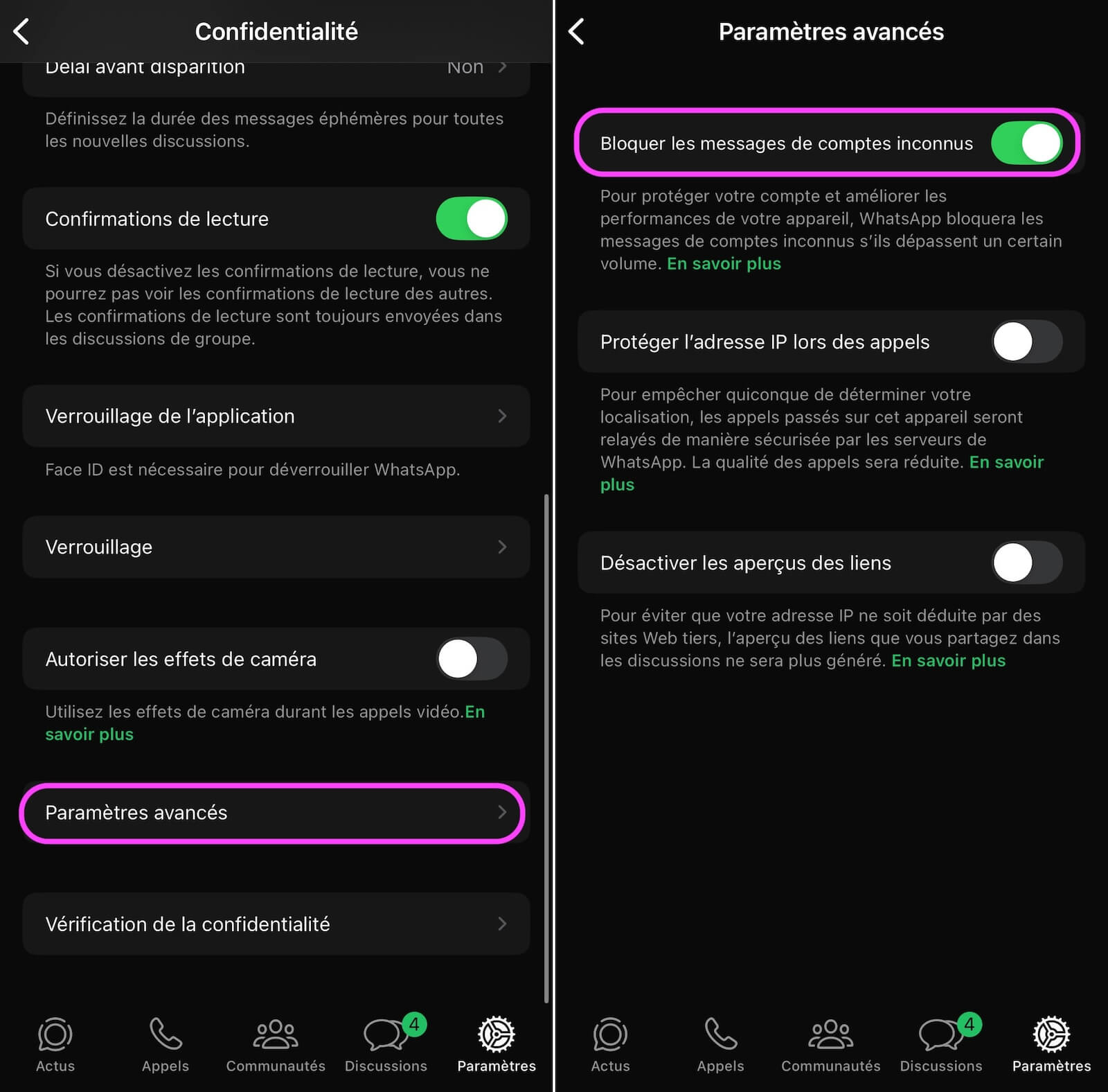 WhatsApp bloquer messages comptes inconnus