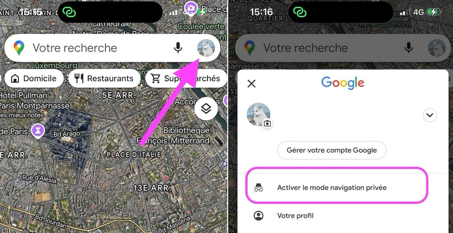 Google Maps mode navigation privée activer