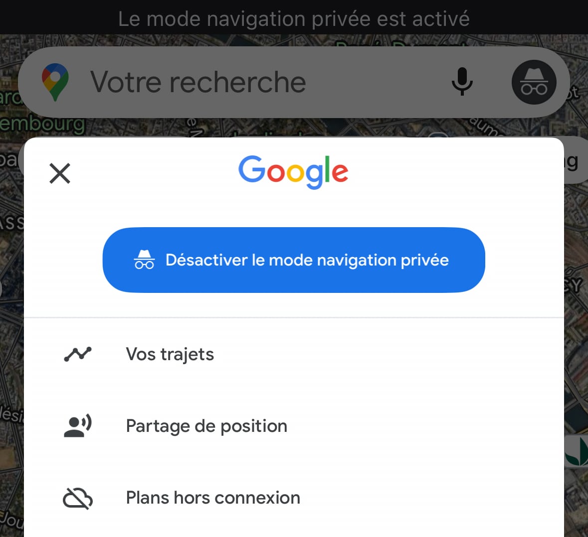 Google Maps mode navigation privée désactiver