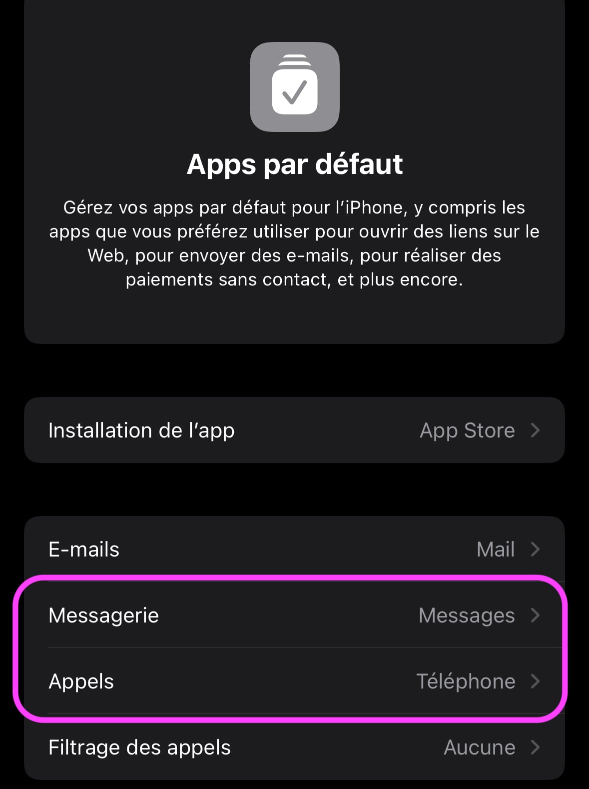 Réglages iOS apps par défaut