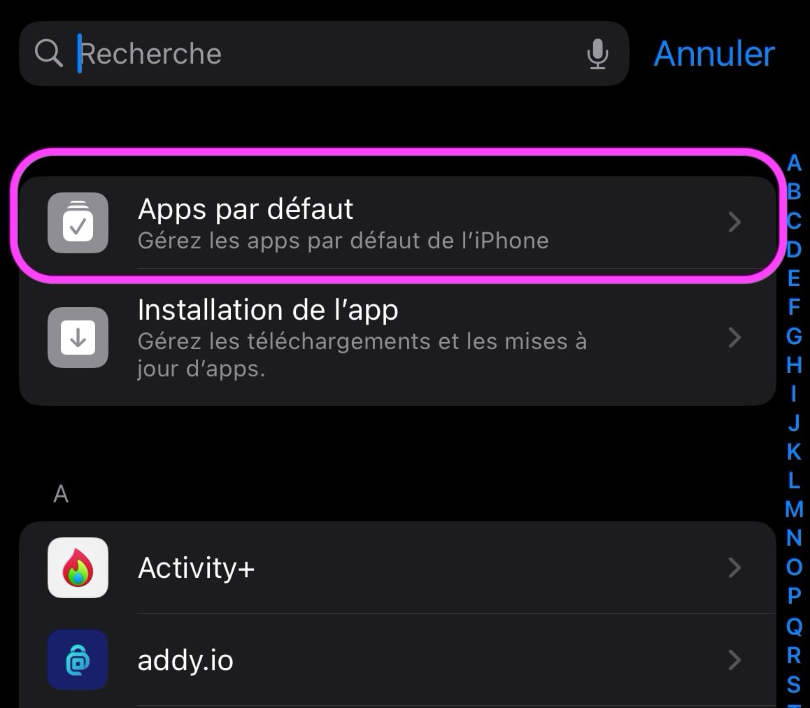 Réglages iOS apps par défaut