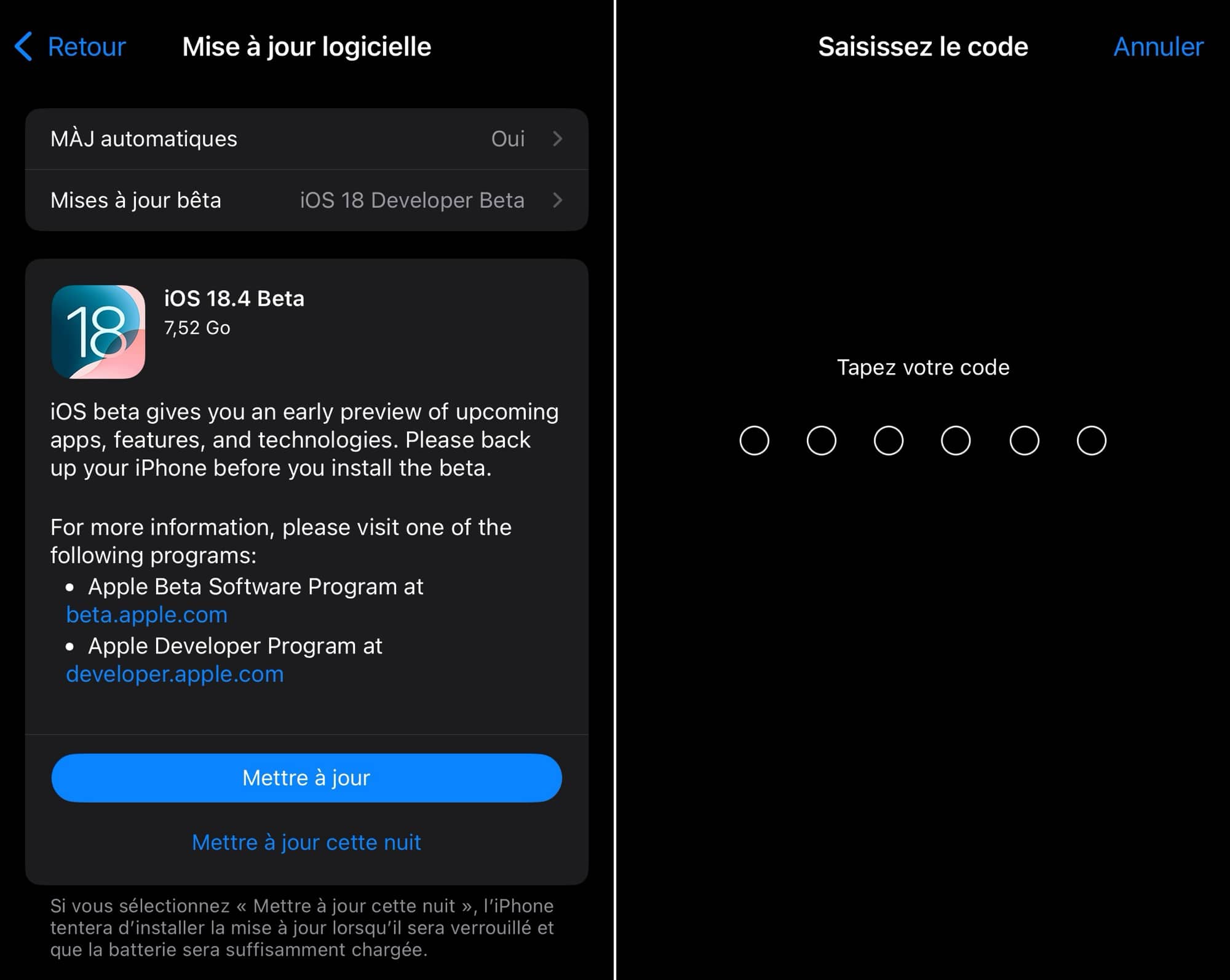Mise à jour bêta iOS