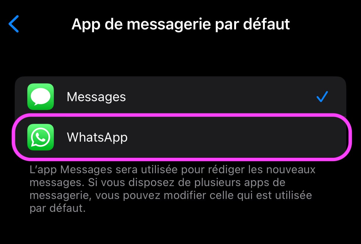 Réglages iOS apps par défaut WhatsApp