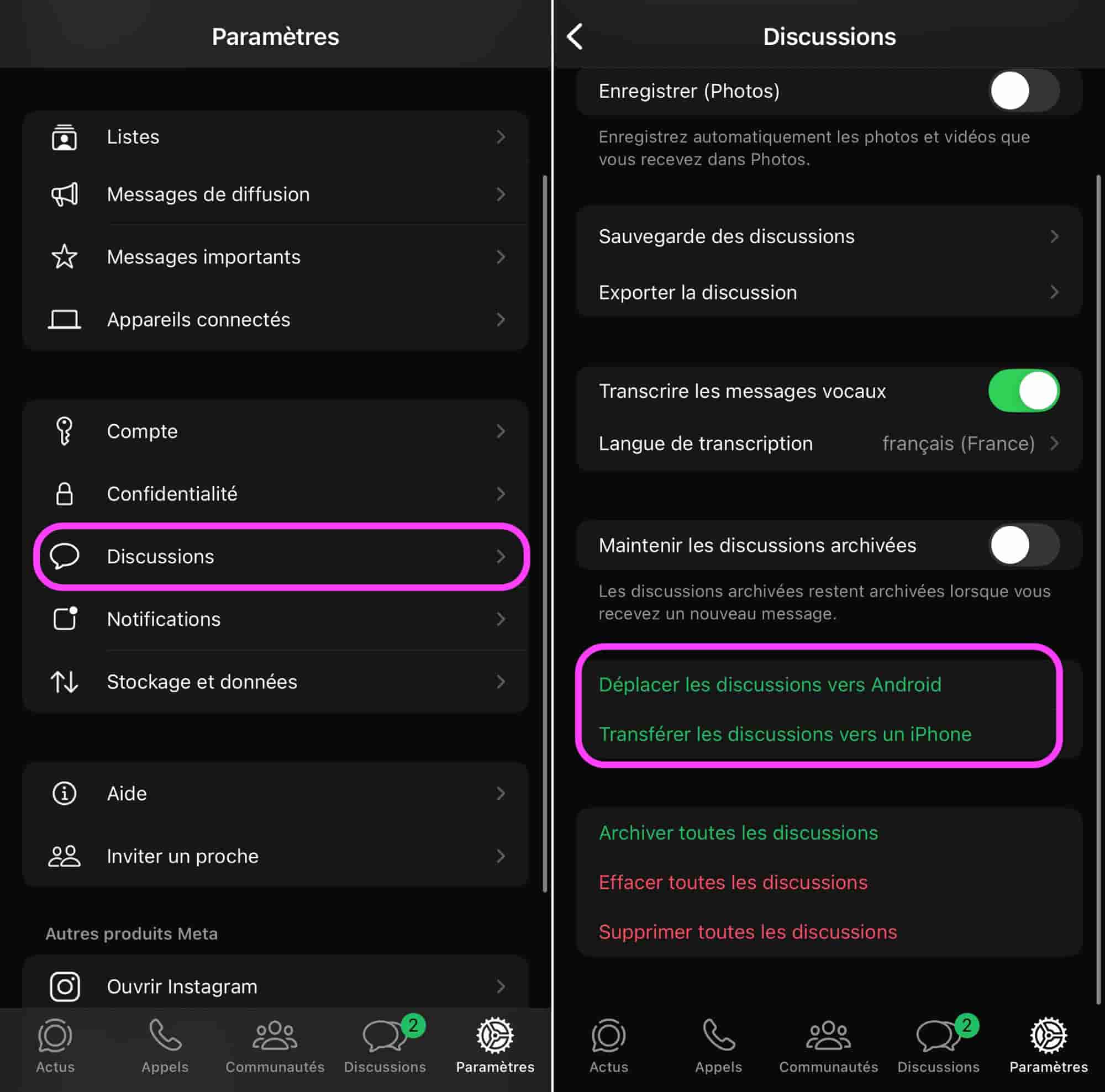 WhatsApp transfert conversations