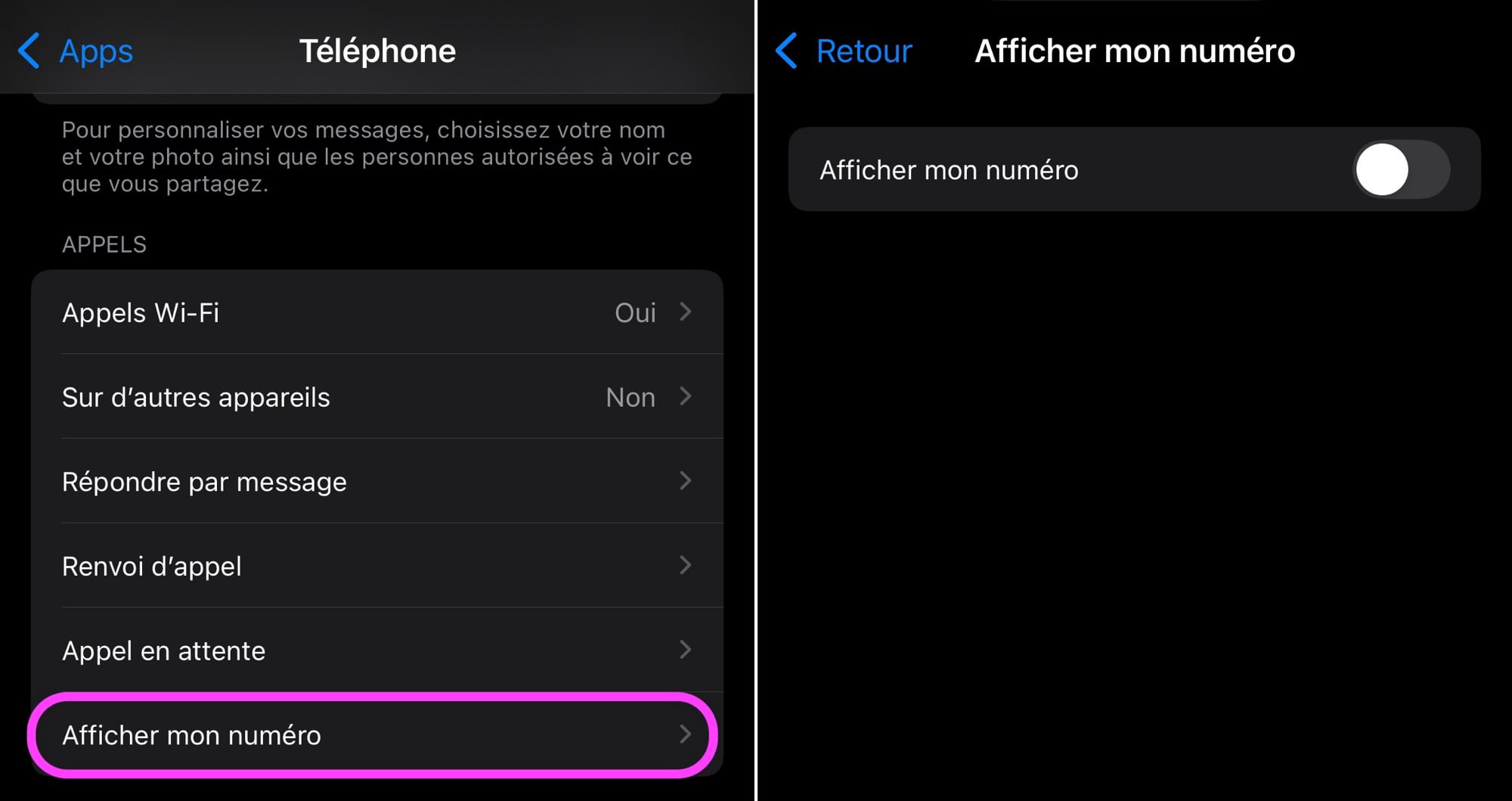 Afficher numéro iPhone